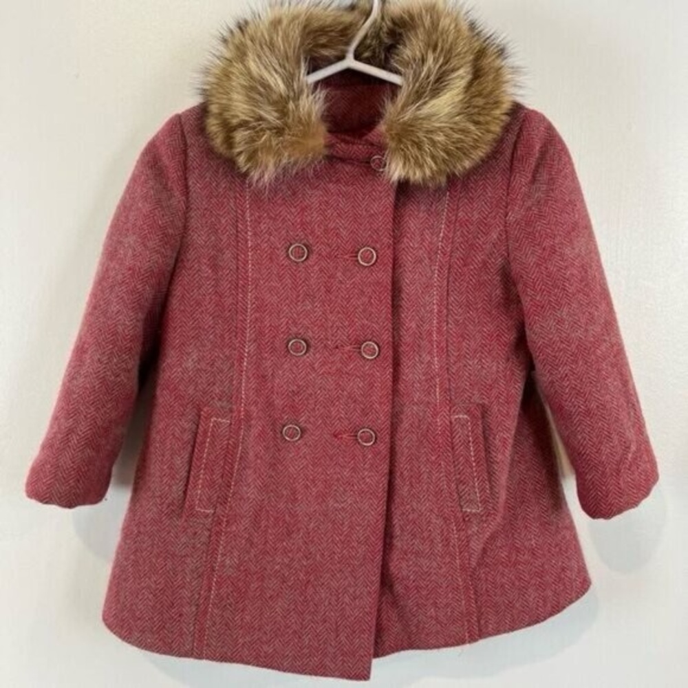 Vintage Futurama Girl 2 3 Years Red Genuine Fur Collar Jacket Coat Peacoat Royal